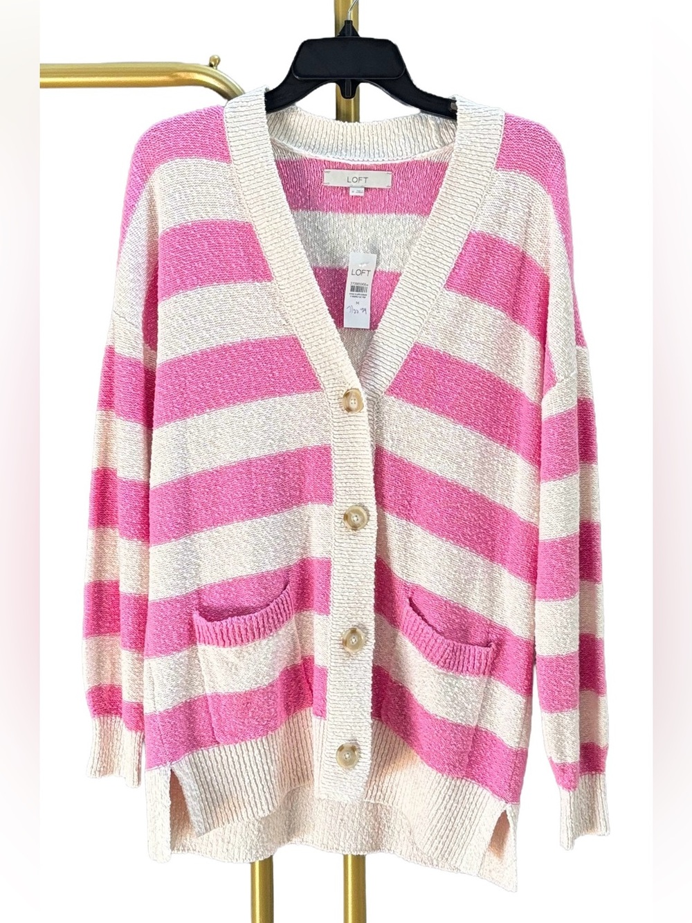 🌸2/$50🌸 LOFT Ann Taylor Pink & Cream Striped Button-Front Cardigan, oversized